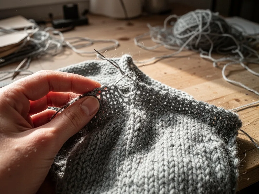 A hand-knitted shoulder seam with obvious mistakes like loose loops, puckering, and uneven edges, a finger gently pullin