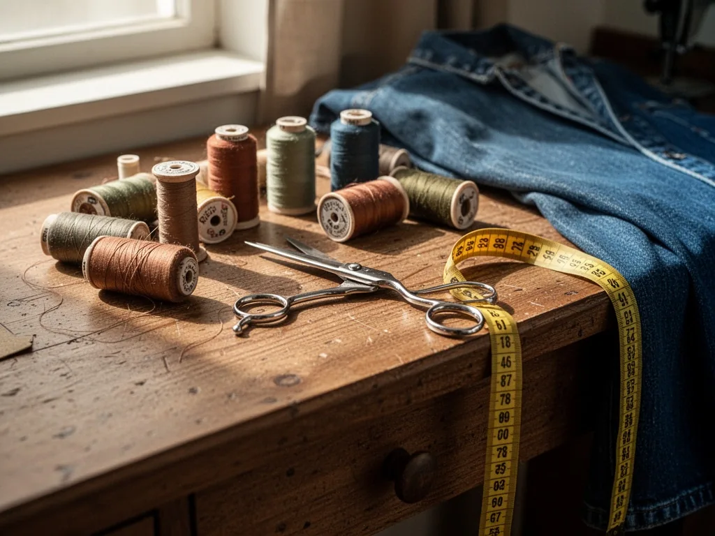 A wooden tailor's counter with scattered spools of thread in muted earth tones and a pair of silver scissors, a yellow m