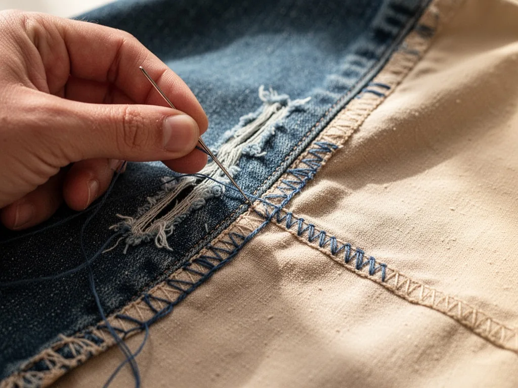 A hand with a needle pulling blue thread through a torn denim seam, while a neat line of new stitching builds a fresh he