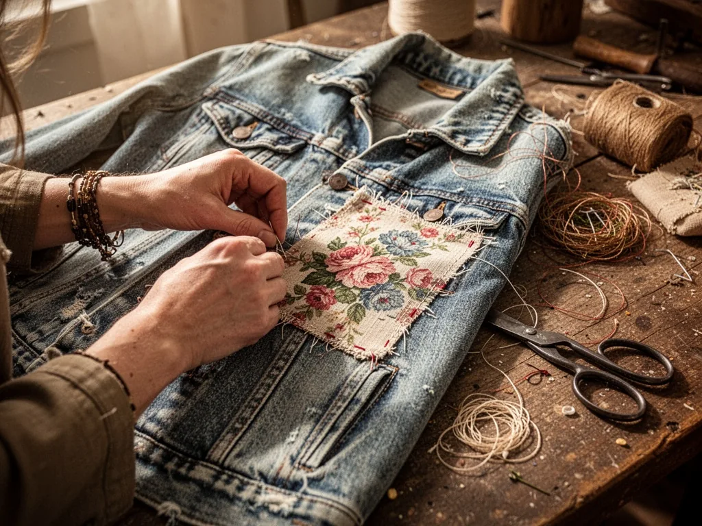 A close-up of hands stitching a floral scrap fabric patch onto a faded denim jacket, surrounded by threads and scissors