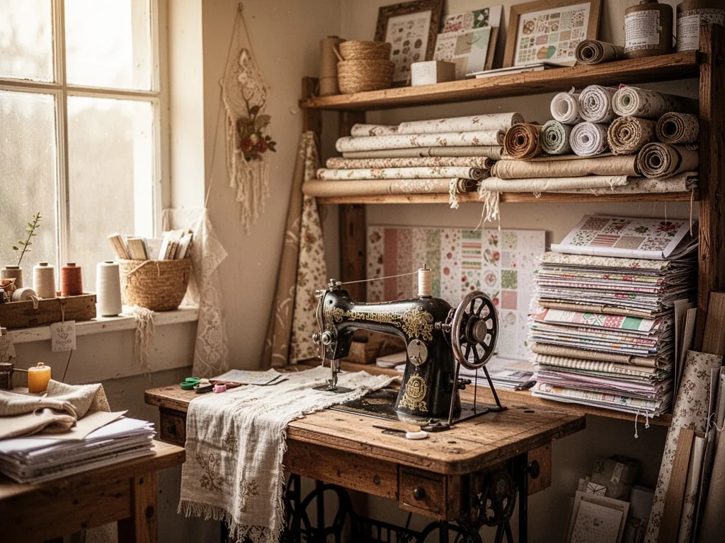 A cozy atelier with a vintage sewing machine, shelves stacked with fabric rolls and scrapbooking paper, soft daylight fi