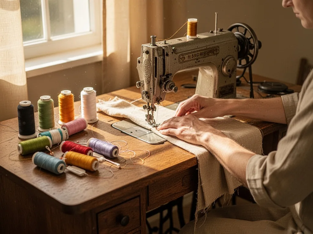 A wooden sewing table with a vintage sewing machine, spools of colored thread, a pair of hands adjusting fabric under th