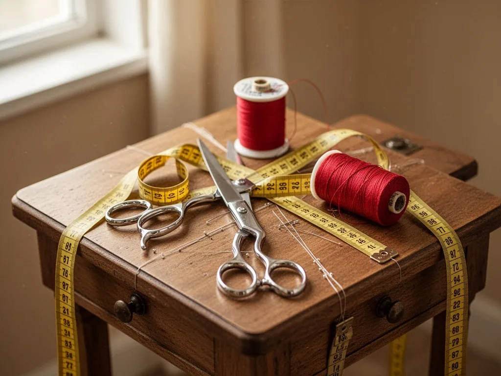 A wooden tailor’s table with silver scissors, yellow measuring tape, and a spool of red thread arranged in a triangle, s