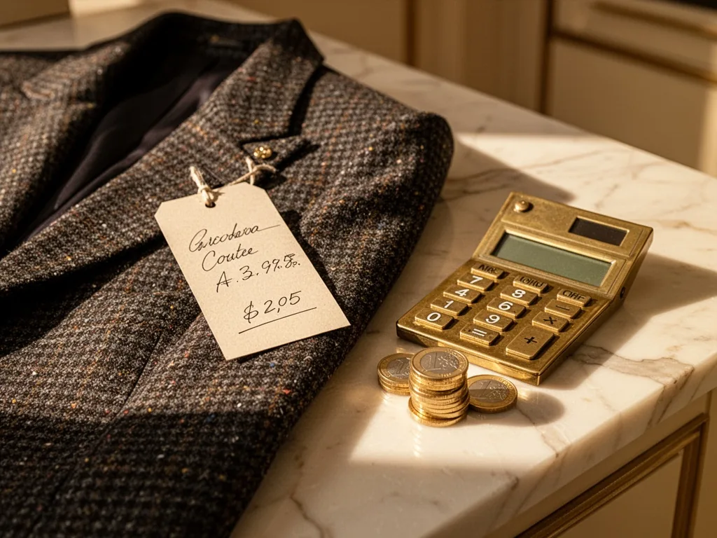 A handwritten price tag pinned to a dark tweed jacket, a brass calculator and a stack of euro coins beside it, golden af