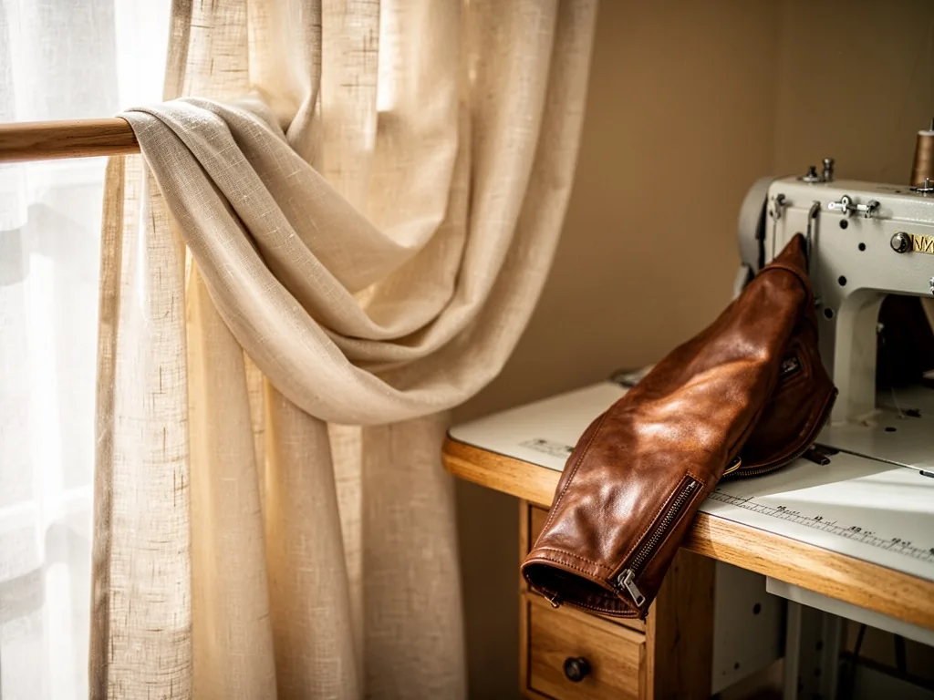 A cream linen curtain draped over a wooden rod on the left, a brown leather jacket sleeve resting on a sewing machine ta