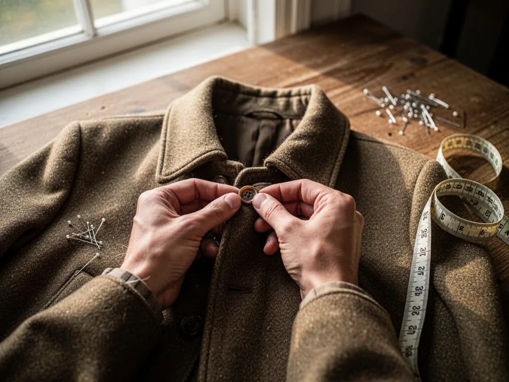 A pair of hands holding a vintage wool jacket by the collar, examining a loose button under soft window light, on a wood