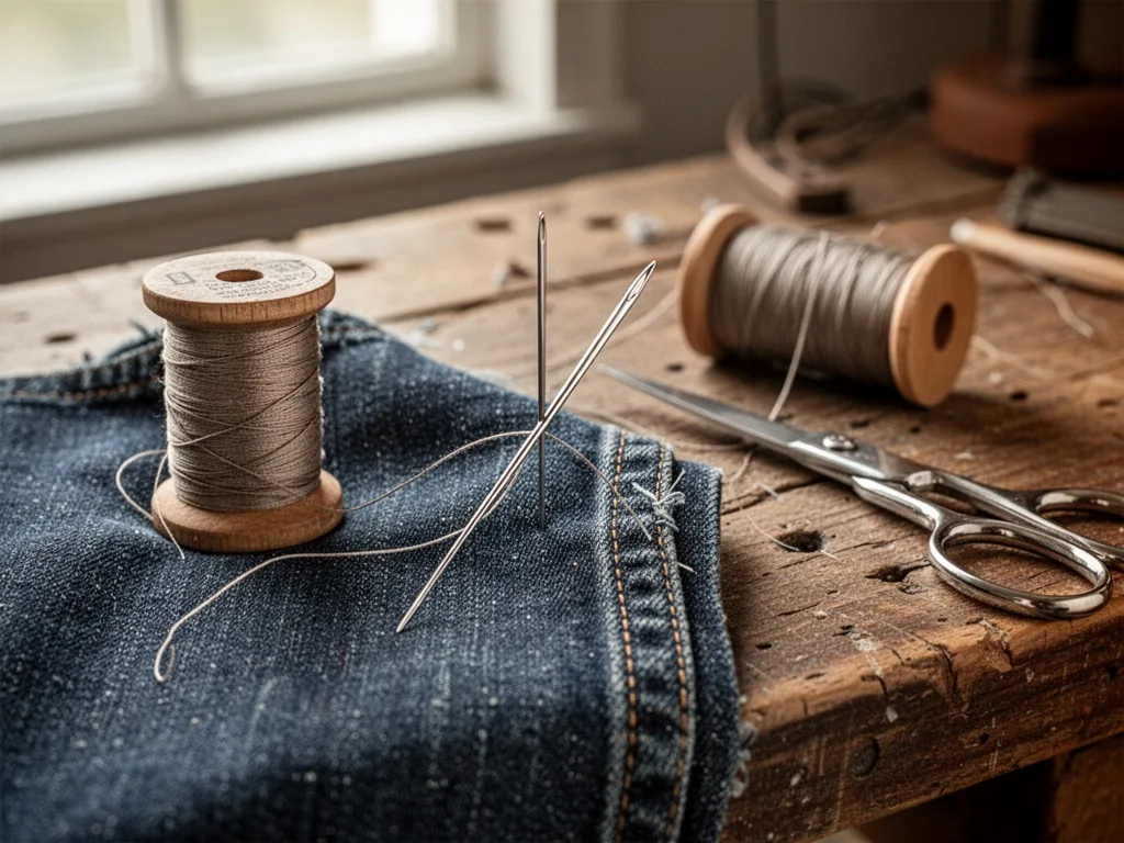 A close-up of a silver needle piercing through thick denim fabric, with a wooden spool of matching thread and a pair of
