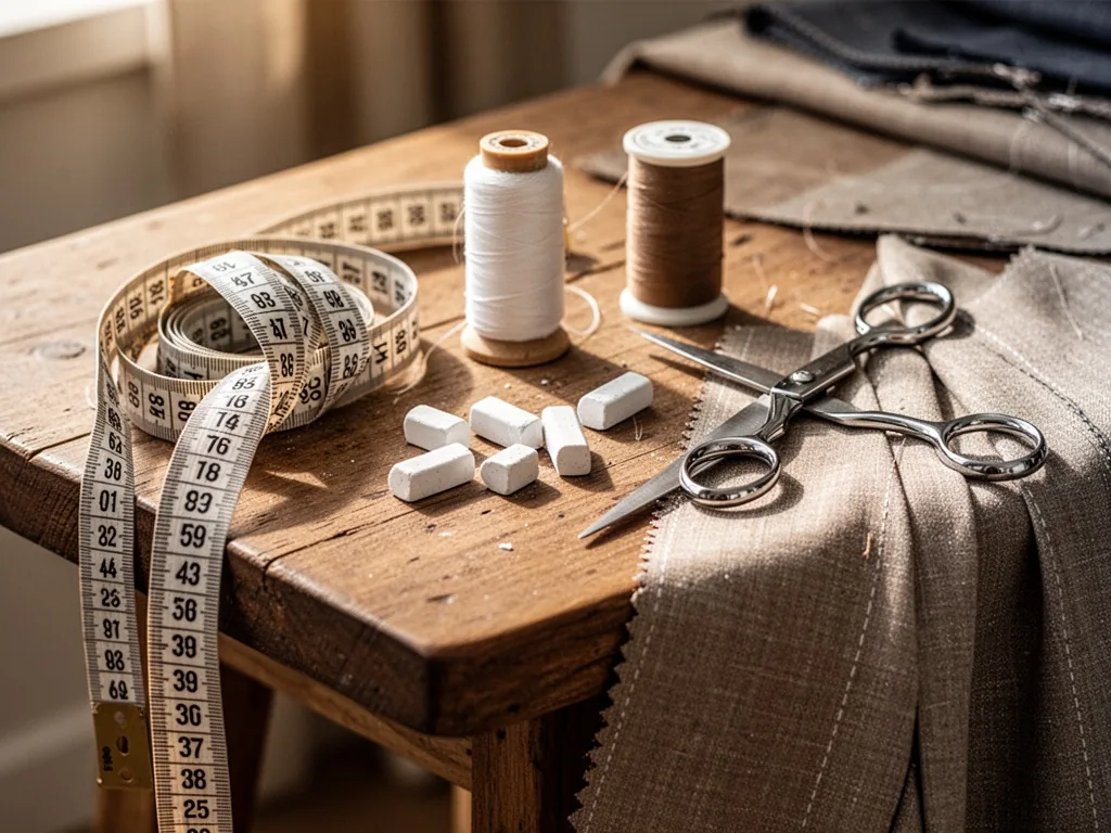 A tailor's wooden worktable with a measuring tape coiled beside a spool of thread, scattered tailor's chalk and silver s