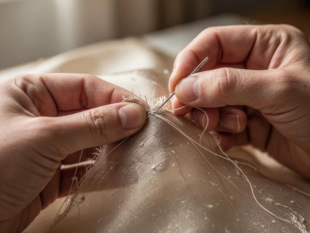 A close-up of a hand stitching a delicate silk fabric with a fine needle, thread tension visible, soft diffused light il