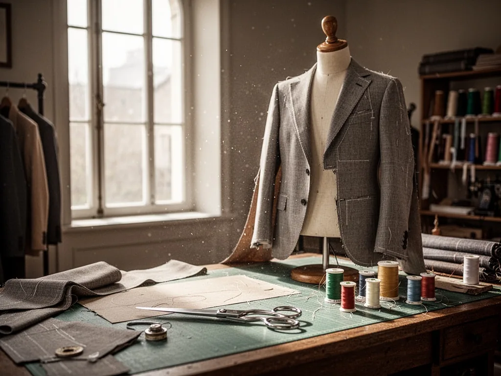 A tailor’s workbench with a half-finished jacket draped over a wooden mannequin, silver scissors, spools of thread, natu