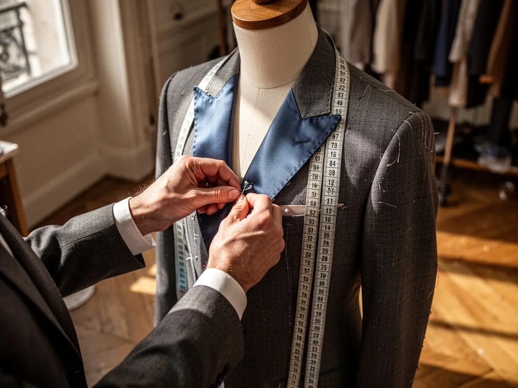 Tailor’s hands pinning a silk lapel on a dress form, measuring tape draped, soft afternoon light, wooden floor, Parisian