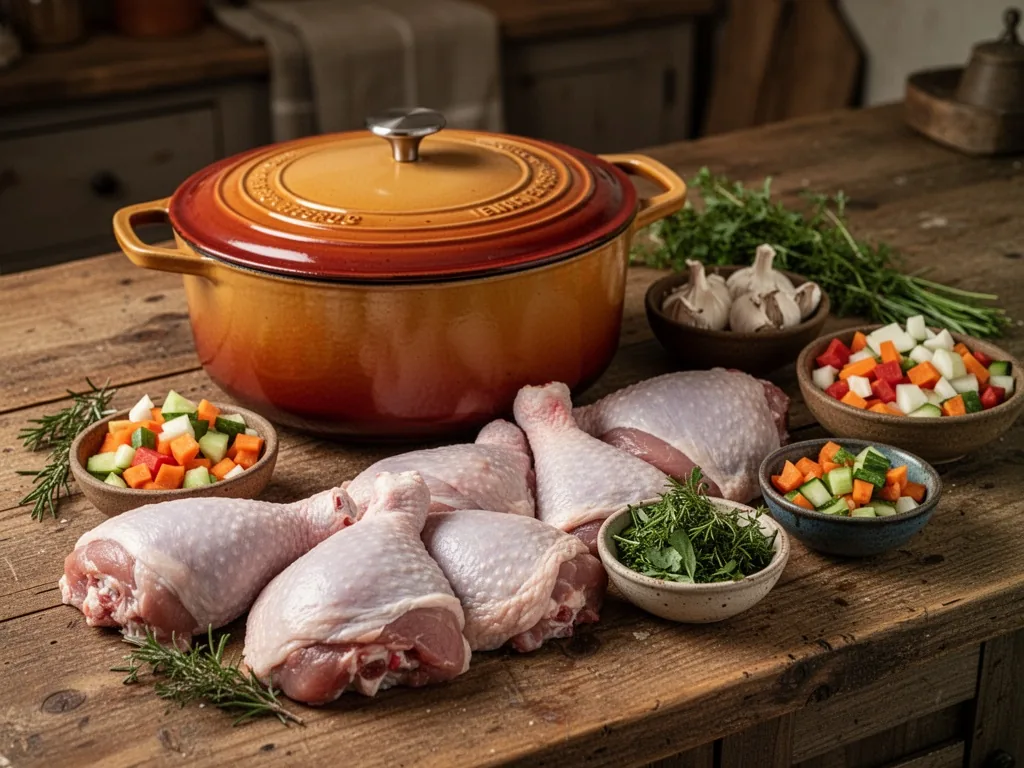 An enameled cast iron cocotte on a wooden counter, raw turkey thigh pieces arranged beside chopped vegetables and fresh