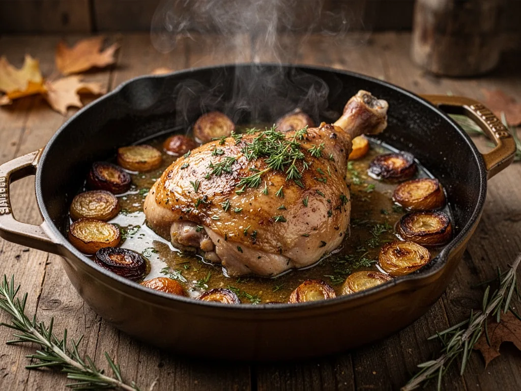 A braised turkey thigh in glossy herb sauce inside a cast iron pot, steam rising, caramelized vegetables around