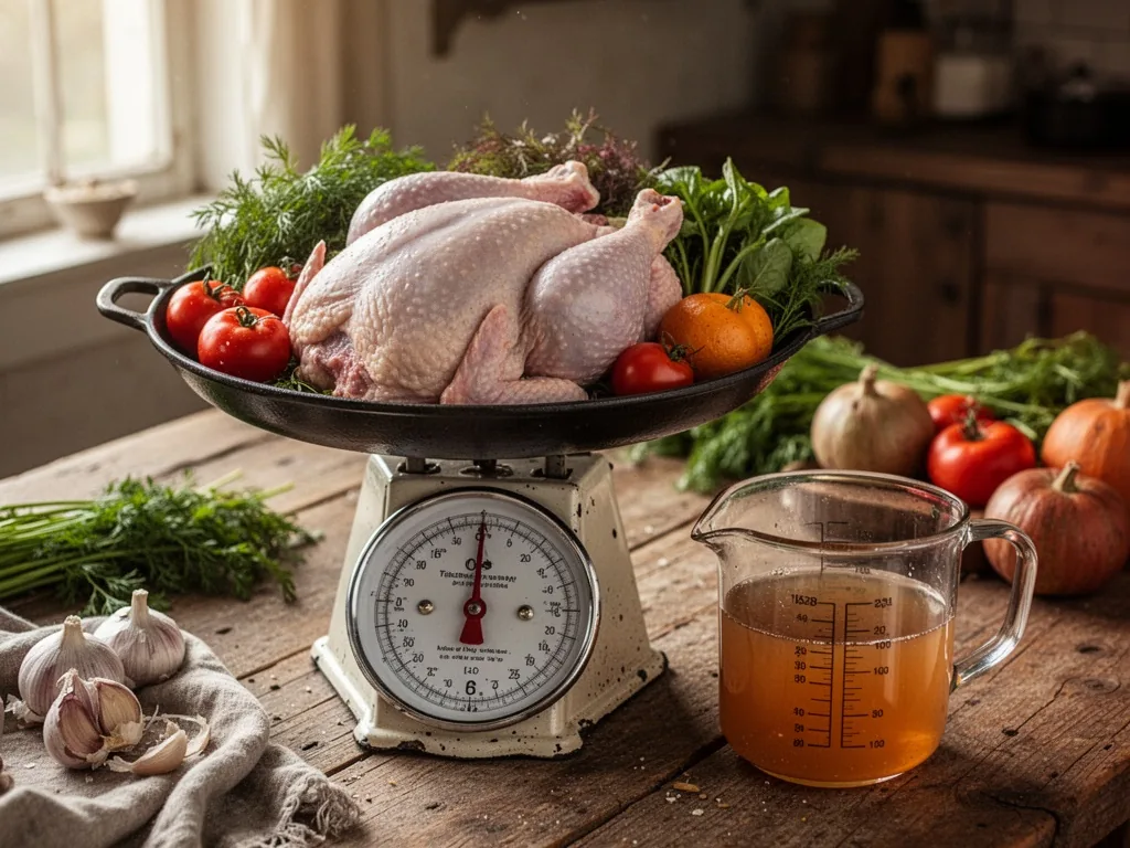 A rustic kitchen scale holding raw turkey pieces and fresh vegetables, measuring cup with broth, wooden table, soft dayl