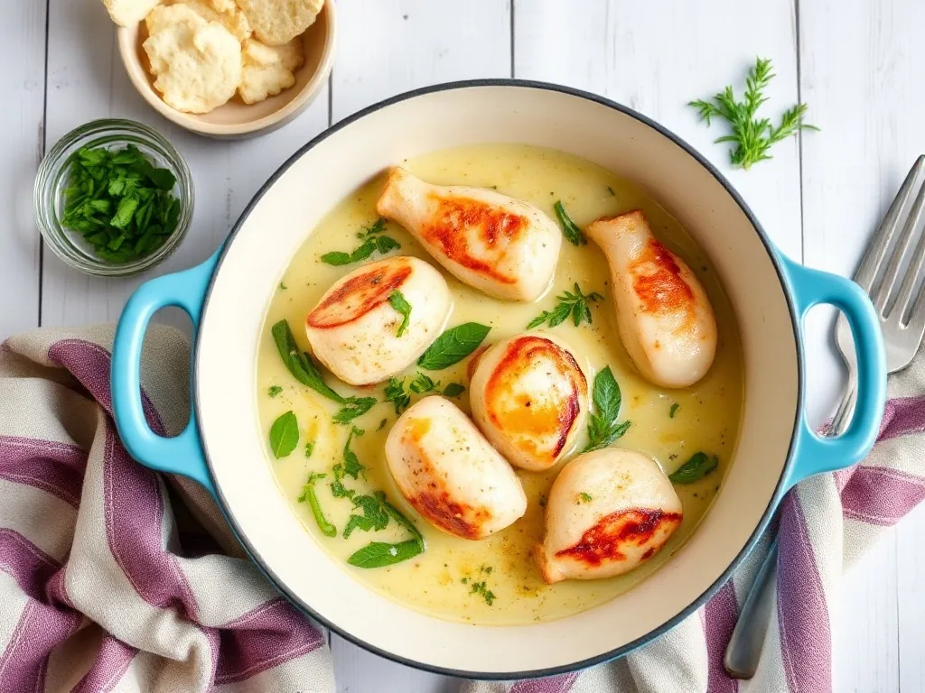 Cocotte en fonte remplie d'une cuisse de dinde dorée et de légumes