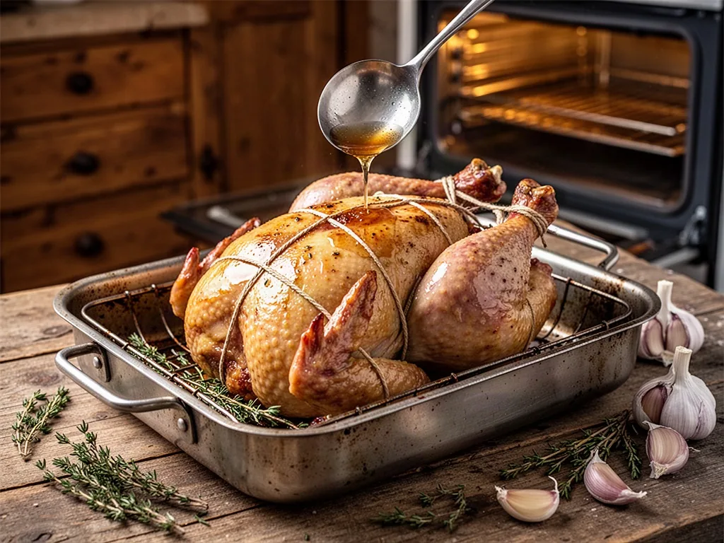 A roasting pan holding a golden-brown capon trussed with kitchen twine, a metal spoon pouring pan juices over the bird,