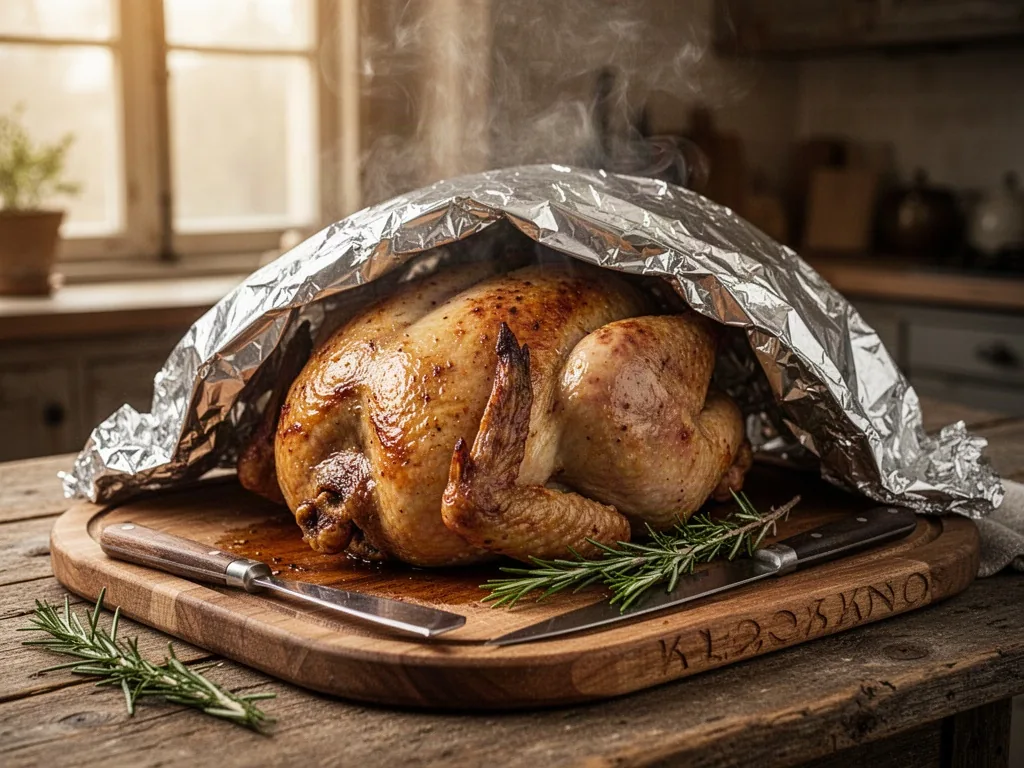 A roasted capon resting on a wooden carving board beneath a loose foil tent, steam rising faintly, carving knife and ros