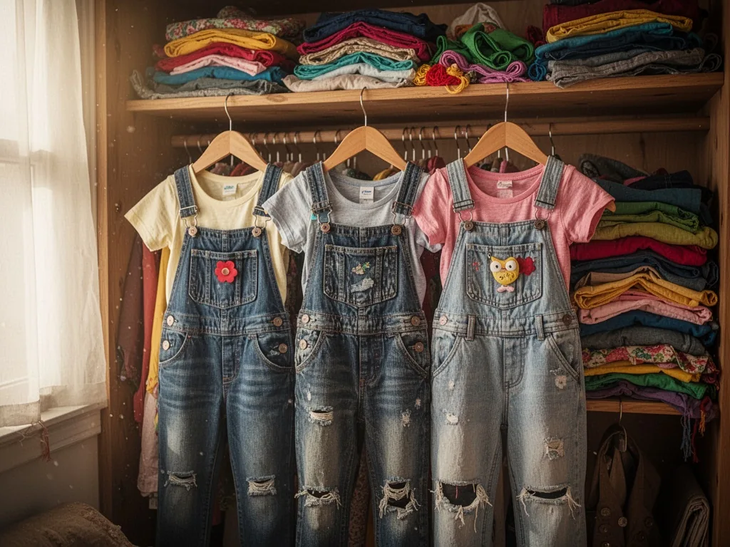 Three children's costumes made from old clothes and accessories, hanging on a wooden hanger, closet overflows with color