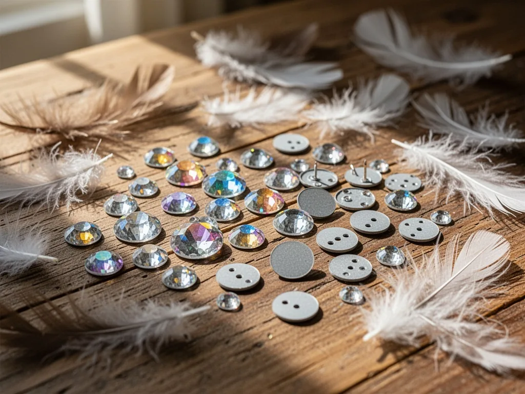 A close-up of heat-fix rhinestones with flat backs and sew-on rhinestones with holes, scattered feathers on a wooden tab