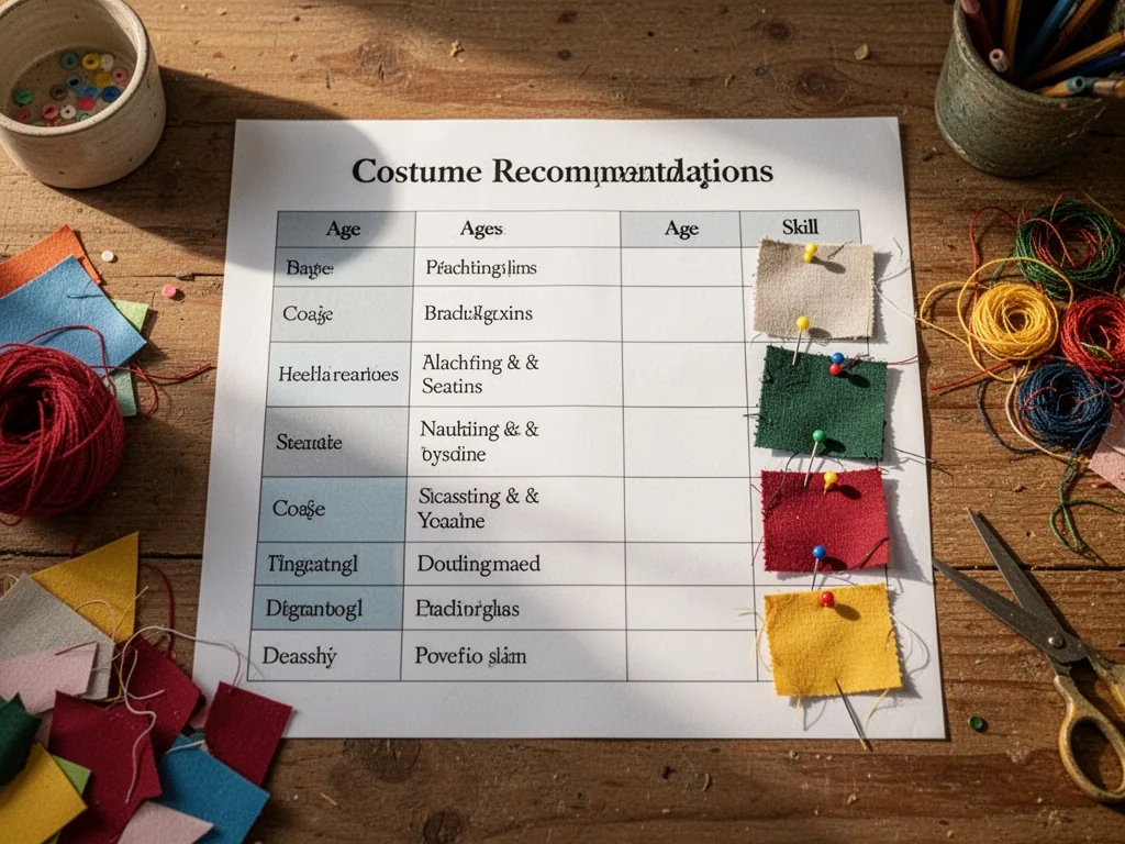 A printed table on a wooden desk listing costume recommendations by age and skill, with fabric swatches pinned beside ea