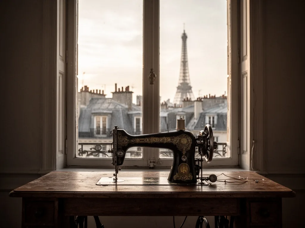 A vintage sewing machine on a wooden table near a tall window, faint silhouette of rooftops and Eiffel Tower outside, so