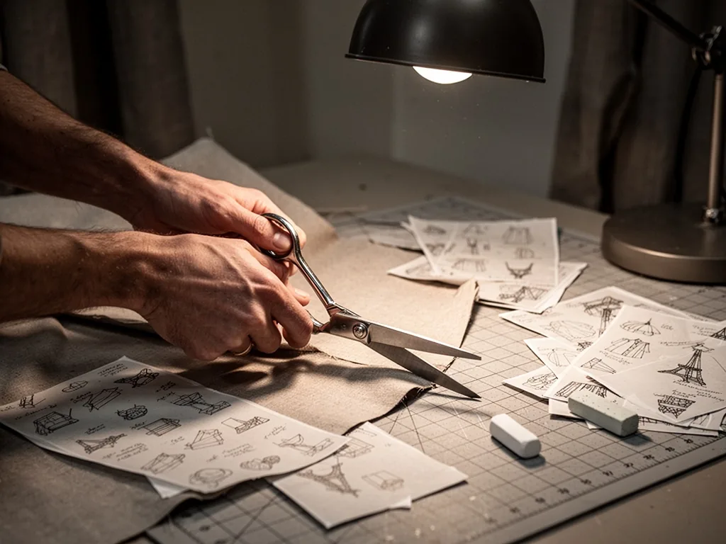 A pair of hands cutting fabric with silver scissors on a cutting mat, scattered pattern paper and tailor's chalk, dim ov