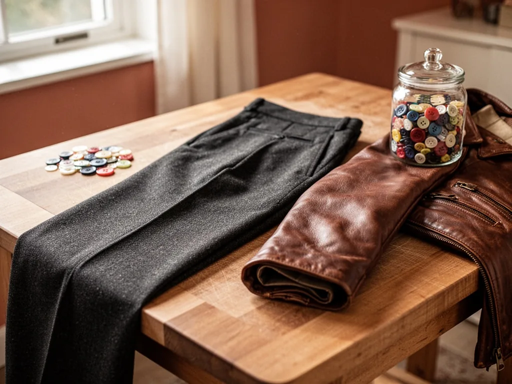 A dark wool trouser leg and a brown leather jacket sleeve laid on a wooden cutting table, next to a glass jar of colorfu