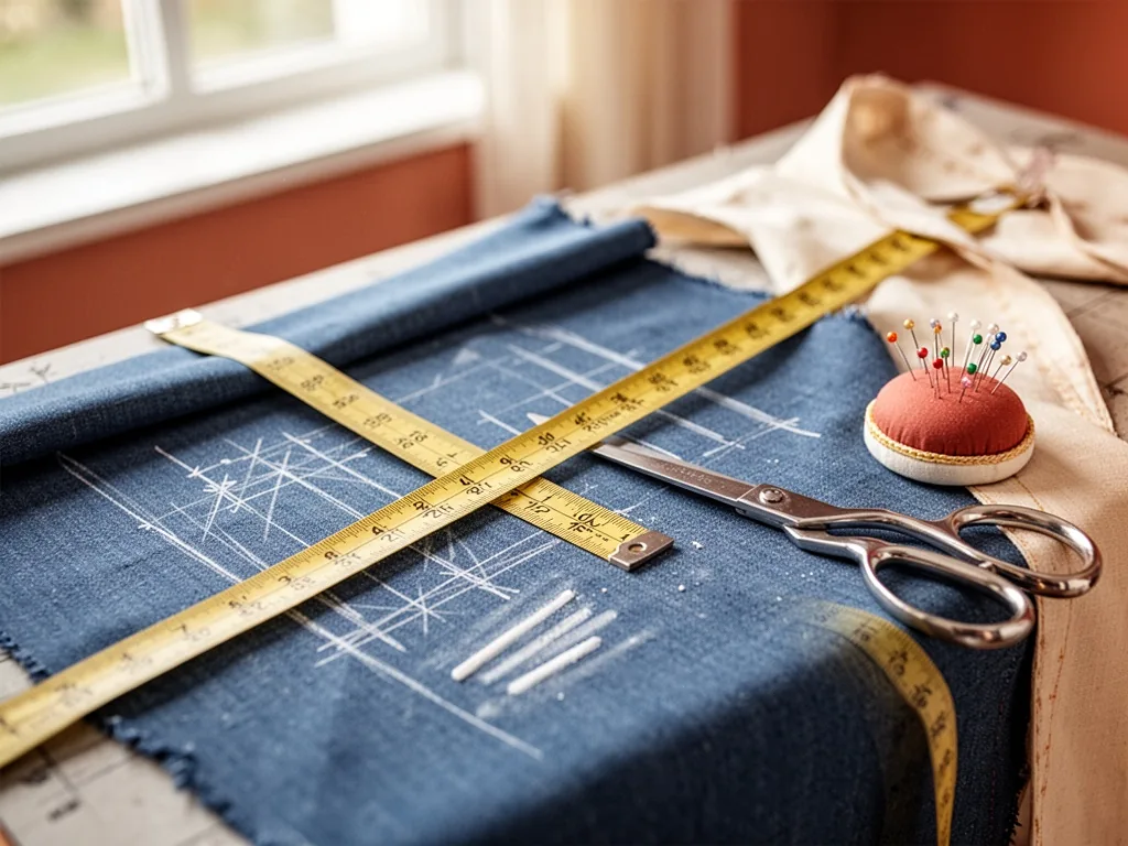 A close-up of a measuring tape laid over a blue fabric on a cutting table, with tailor's chalk marks, a pair of scissors