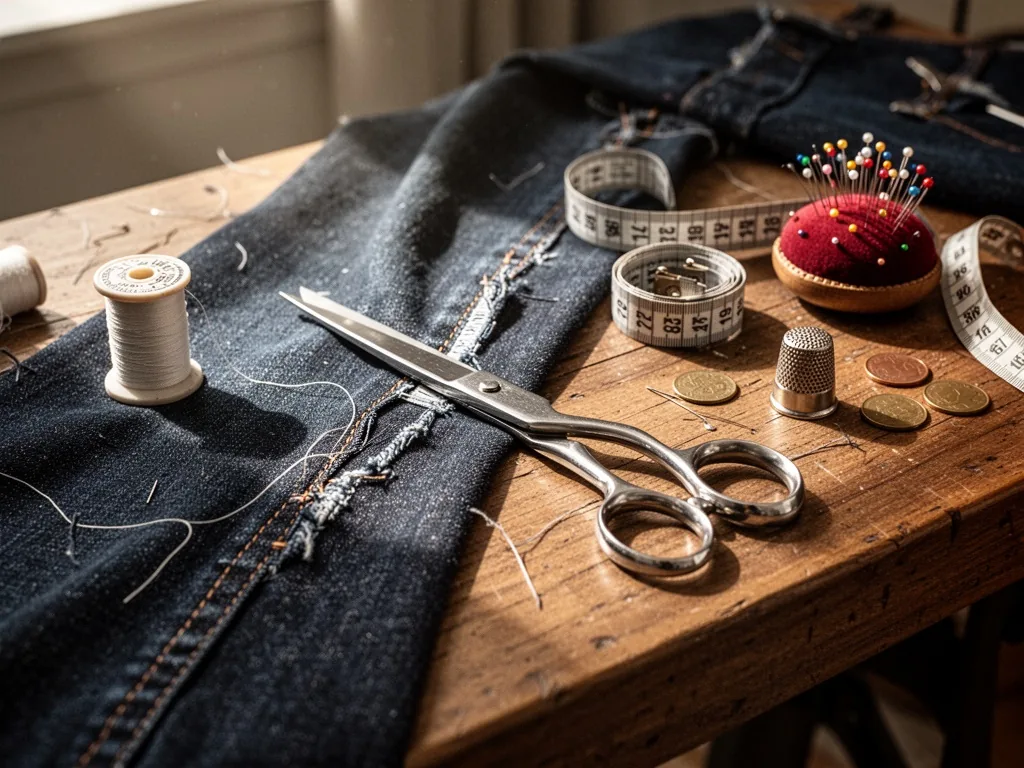 A tailor's wooden worktable with a partially unpicked seam on dark denim, silver scissors, a spool of thread, a metal me