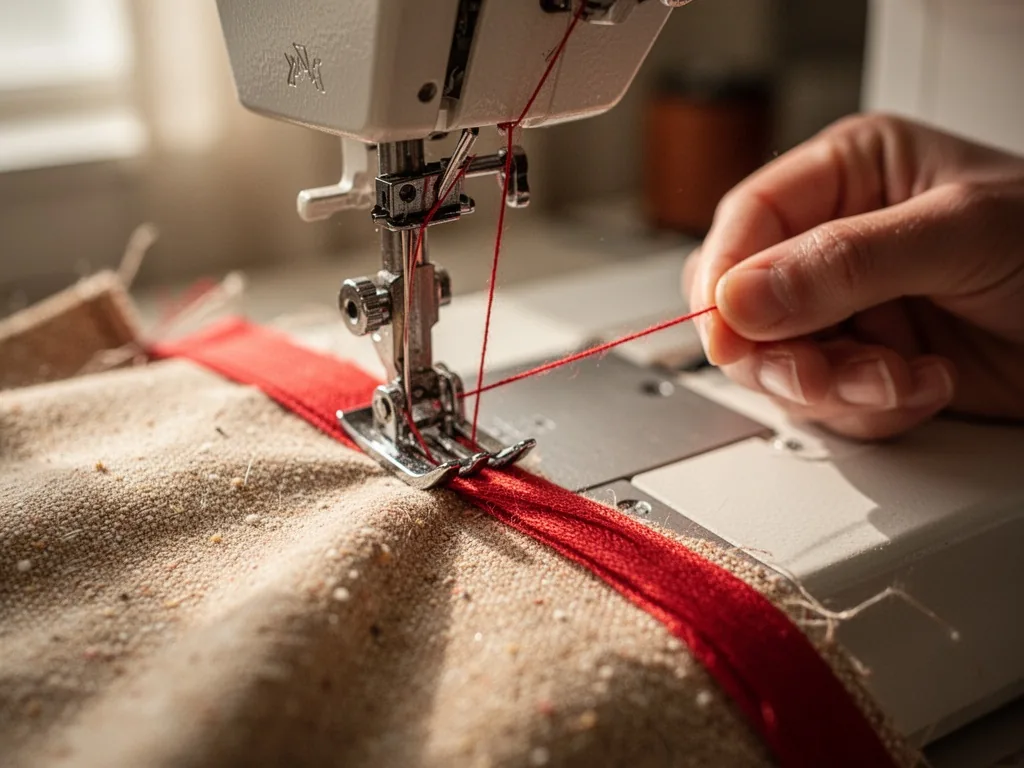 A sewing machine needle being threaded with a bright red thread, a hand holding the thread taut, shallow depth of field