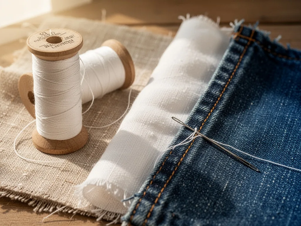 A spool of white thread beside three fabric swatches of linen, cotton, and denim, a needle piercing the denim