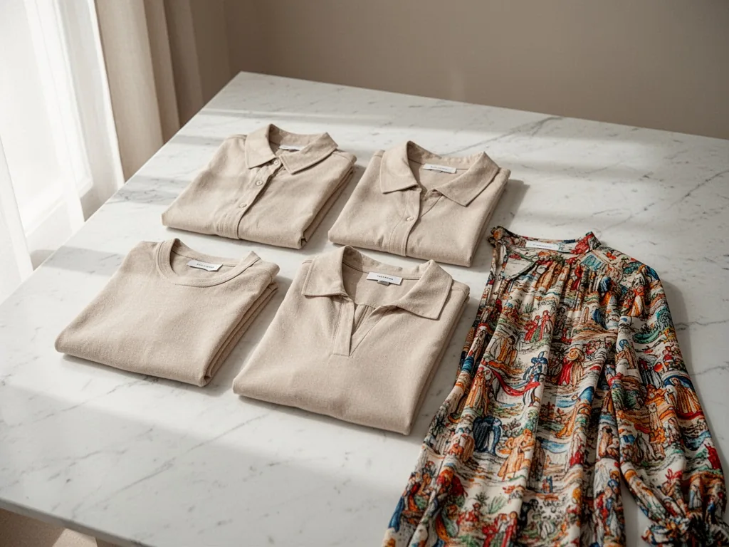 Six essential minimalist wardrobe staples carefully arranged on a white marble surface, one colorful printed blouse turn