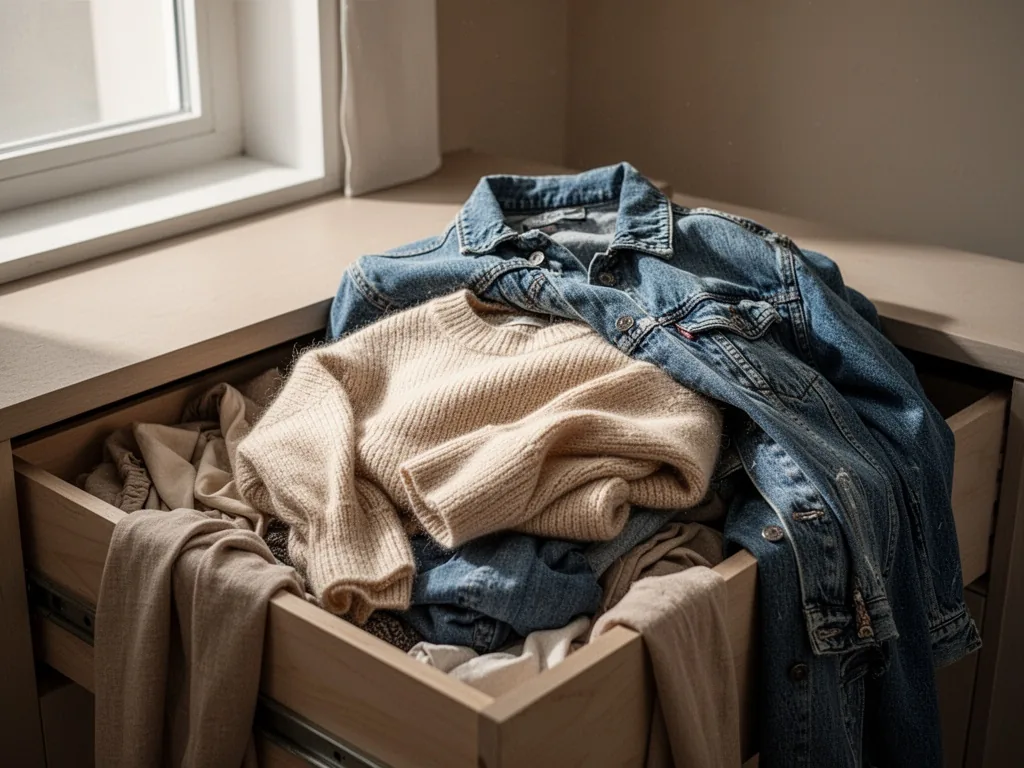 A messy drawer overflowing with mismatched seasonal clothes, a delicate cashmere sweater crushed under a heavy denim jac
