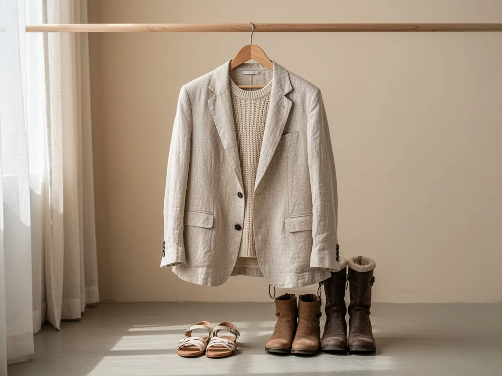 A wooden hanger on a rail holding a lightweight linen blazer over a chunky knit sweater, summer sandals and winter boots