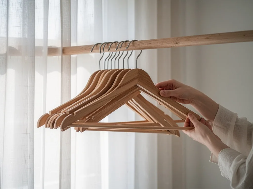 A row of wooden hangers on a closet rod, half turned backwards, a woman's hand reaches to flip one, soft sunlight throug