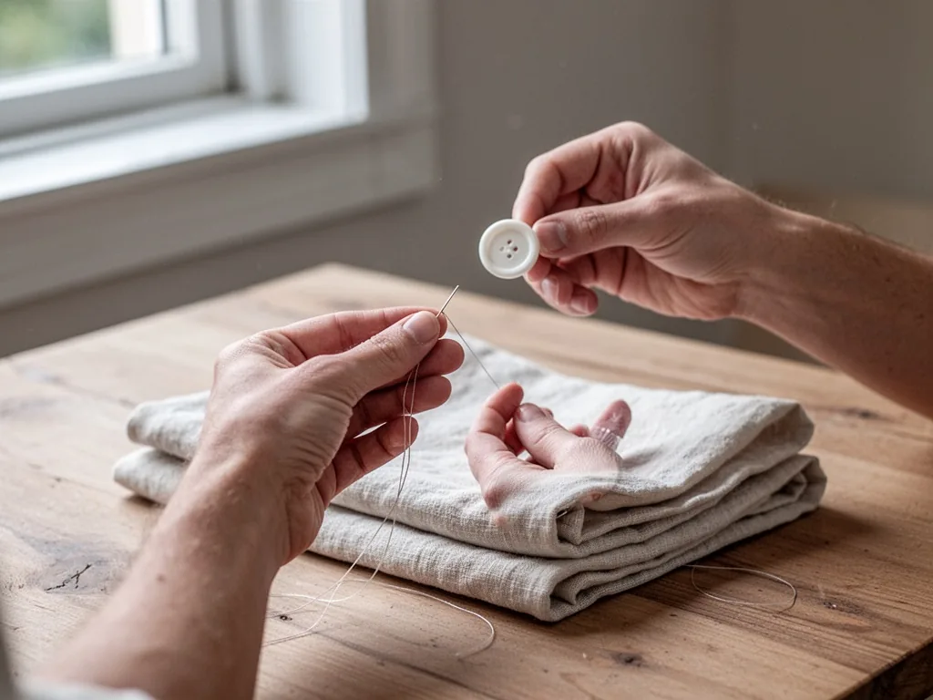 A pair of hands threading a needle, a white button held mid-air, folded linen fabric on a wooden table, natural window l