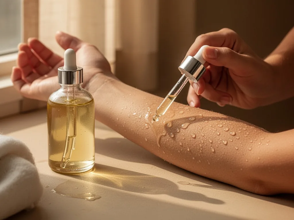 A cotton oil bottle with a dropper beside a woman's hand applying oil to forearm, water droplets on skin, soft morning w