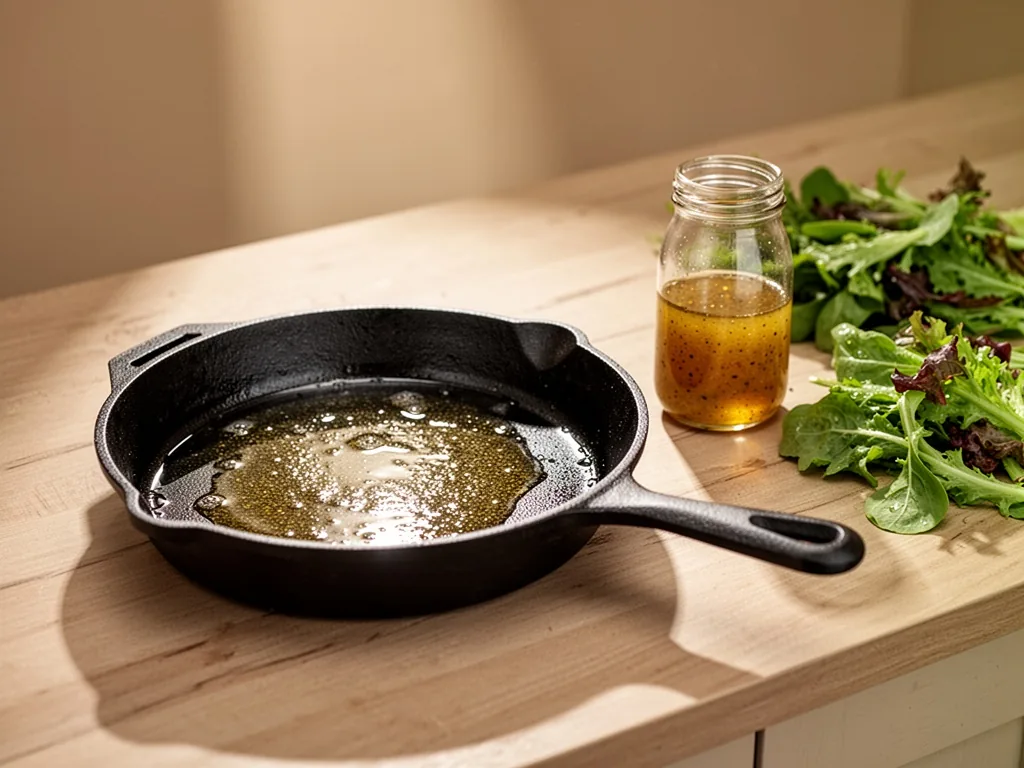 A cast iron pan with shimmering hot oil, a glass jar of vinaigrette next to fresh salad leaves on a wooden kitchen count