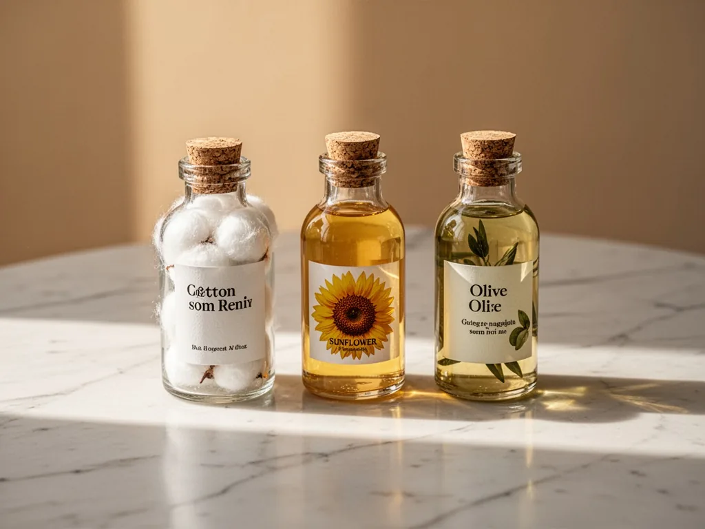 Three small glass bottles of cotton, sunflower, and olive oils lined on a white marble surface, labeled, warm afternoon