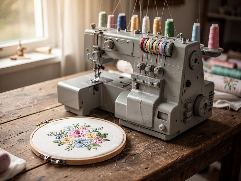 A grey industrial overlock sewing machine with colorful threads, next to an embroidery hoop displaying a floral design,