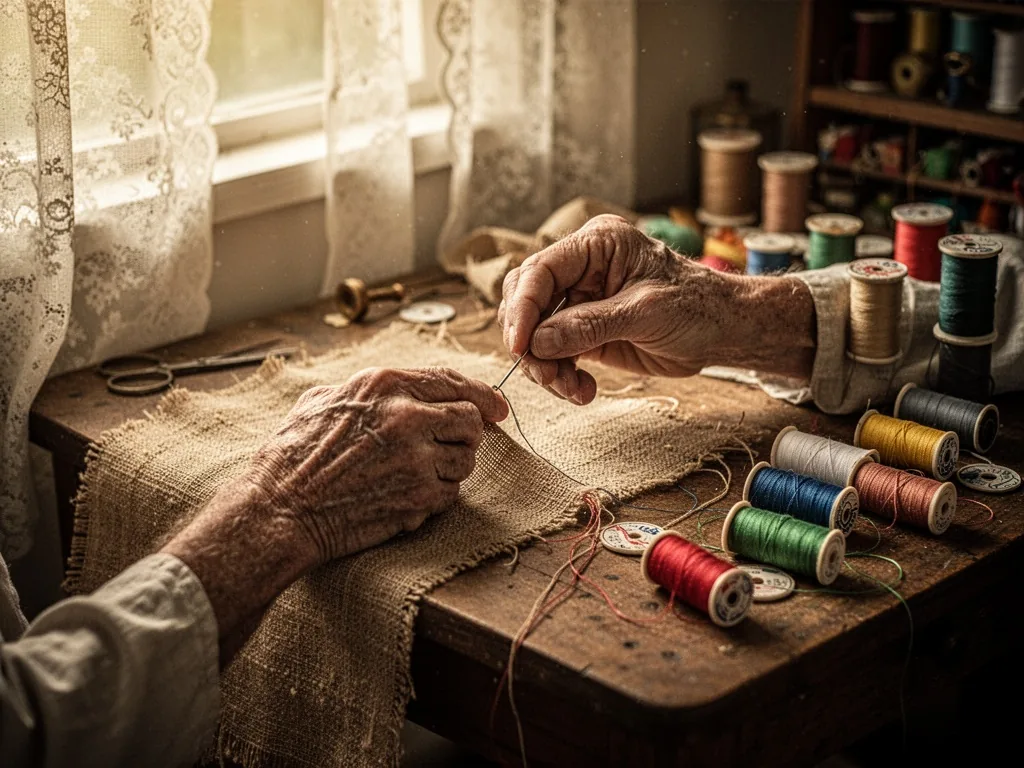Weathered hands guiding a needle through coarse linen on a wooden sewing table, spools of colorful thread nearby, soft w