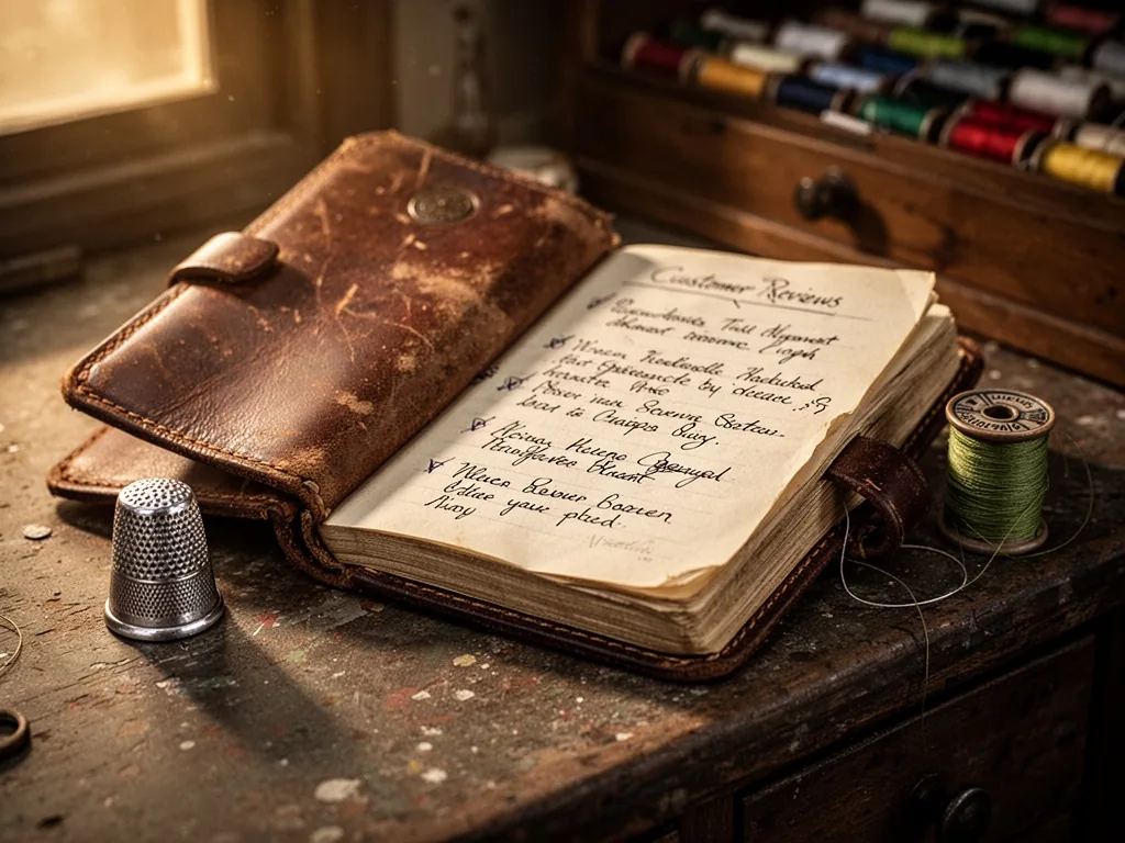 A worn leather journal open to handwritten customer reviews, a silver thimble and spool of thread beside it on a rustic 