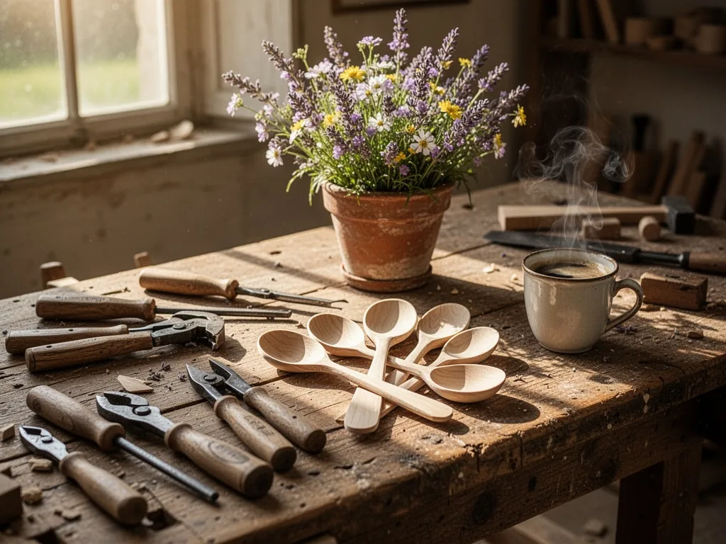 A wooden workbench cluttered with hand tools, partially finished wooden spoons, a pot of wildflowers, and a steaming cof