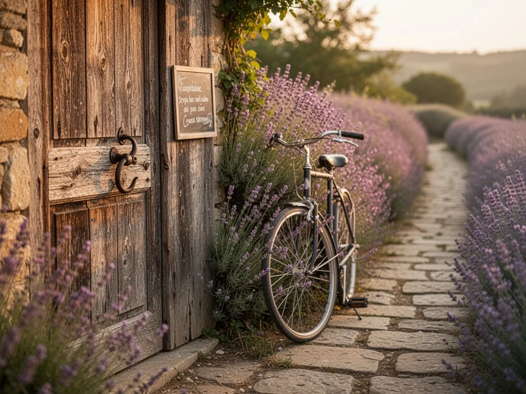 A weathered wooden door with an iron handle, a small chalkboard sign, a bicycle leaning against a blooming lavender hedg