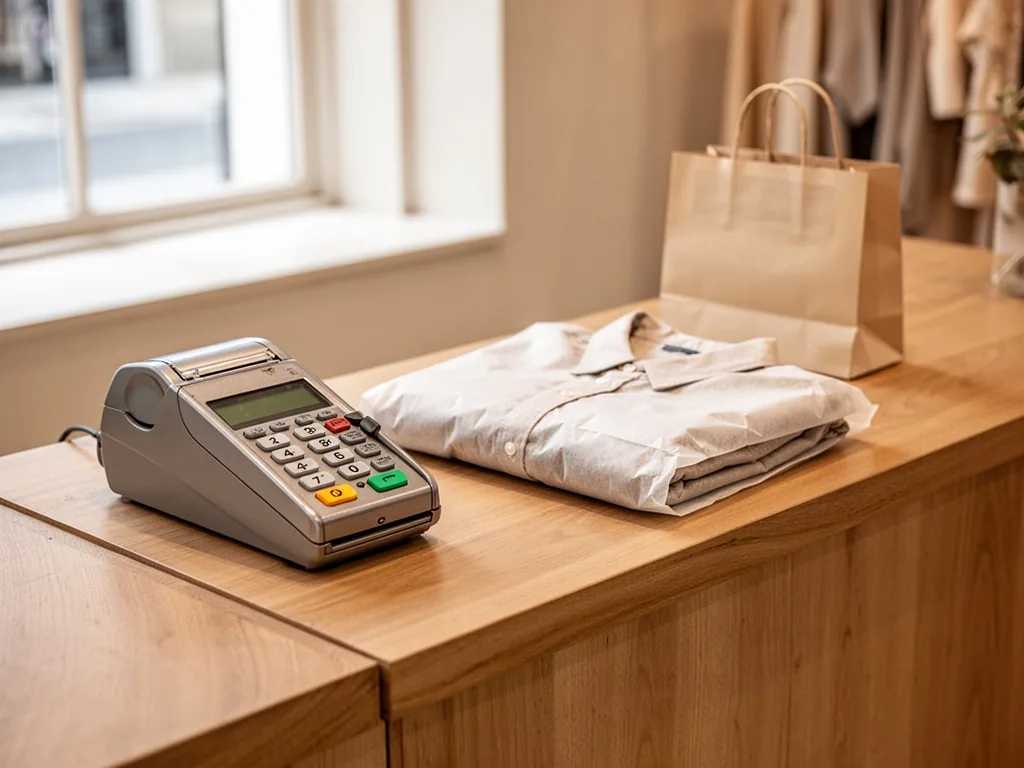 A wooden counter with a vintage credit card terminal, a folded garment in tissue paper, and a small shopping bag, soft d