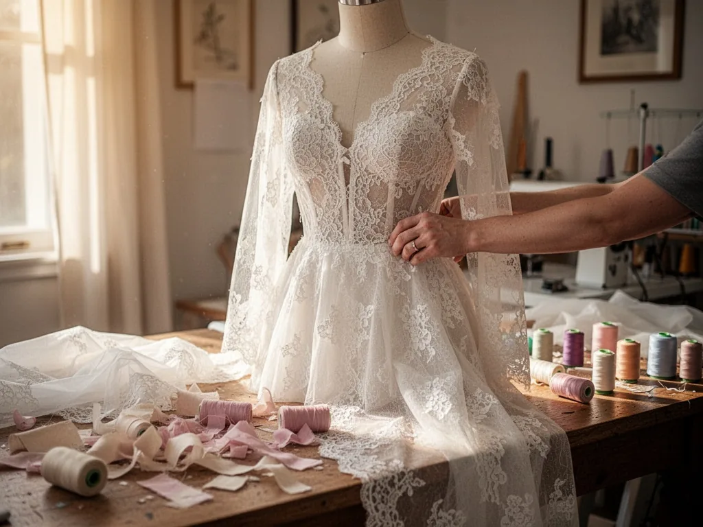 A tailor's hand adjusting a white lace wedding dress on a mannequin, scattered fabric scraps and thread spools on wooden
