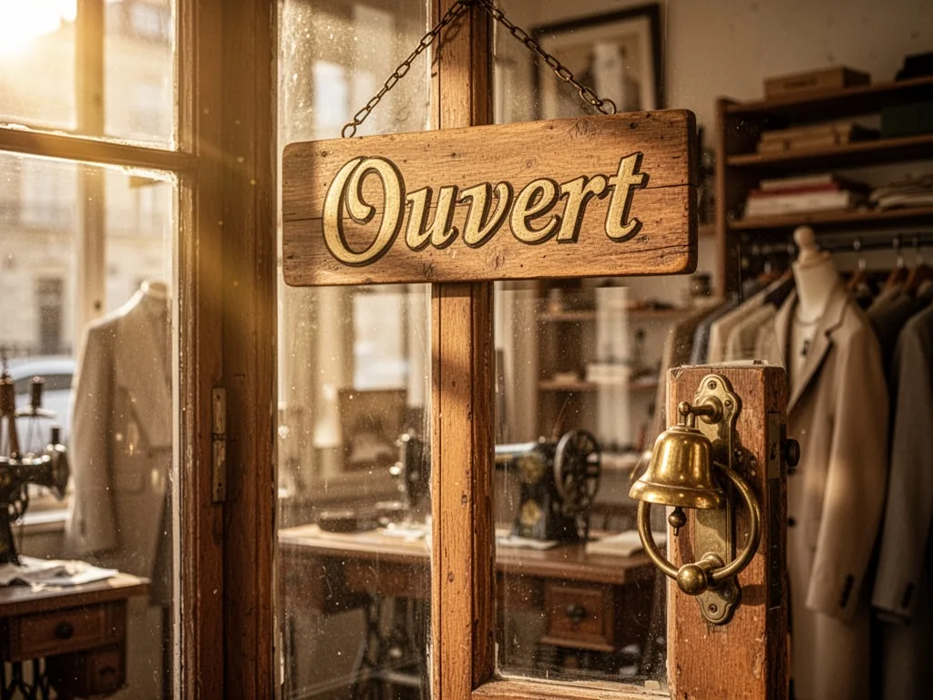 A vintage sewing shop door with a wooden sign reading 'Ouvert' and a brass bell handle, warm afternoon sunlight filterin