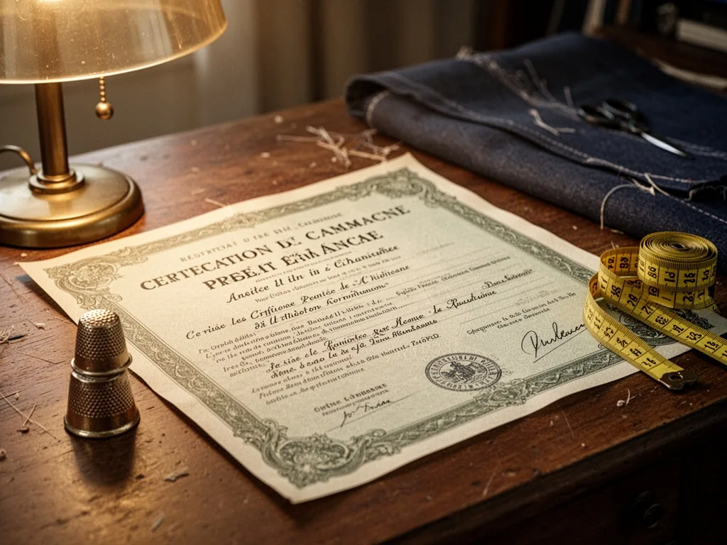 A close-up of a French business registration certificate on a wooden desk, a thimble and measuring tape beside it, soft