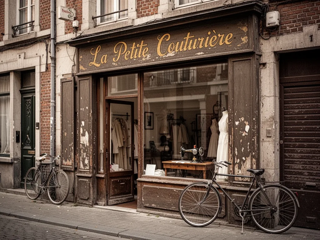 Tourcoing on a Tuesday morning, a narrow storefront with faded gold sign 'La Petite Couturière', lone sewing machine in 