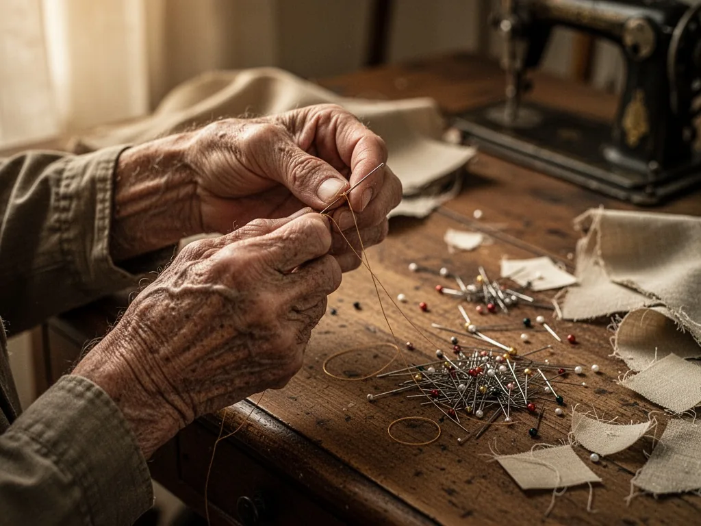 A pair of weathered hands threading a needle with fine silk thread, scattered pins and fabric scraps on a wooden table, 